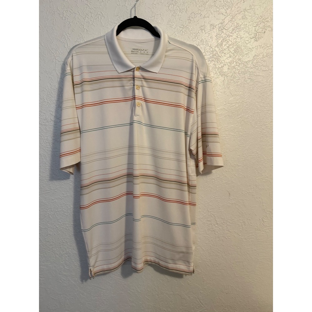 Nike Golf Mens NikeFIT DRY Striped Polo Shirt White Orange Medium Athleisure